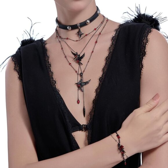 Black Brass Gothic Crow Pendant Necklace Long Chain Women Fashion Accessory - Picture 4 of 6